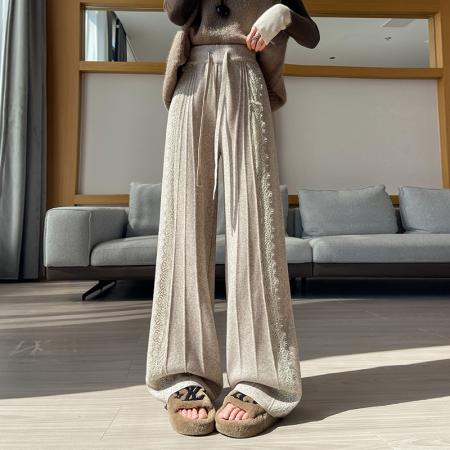 FA46388# 设计感蕾丝针织阔腿裤女秋冬新款高腰显瘦休闲直筒长裤子 服裝批發女裝批發服飾貨源