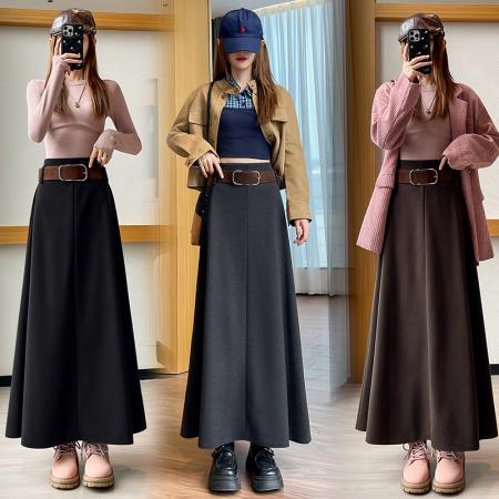 FA46389# 毛呢半身裙女秋冬新款高腰显瘦垂感a字中长款大摆伞裙 服裝批發女裝批發服飾貨源