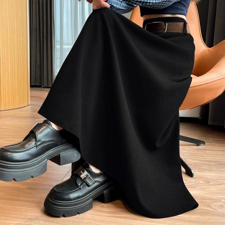 FA46389# 毛呢半身裙女秋冬新款高腰显瘦垂感a字中长款大摆伞裙 服裝批發女裝批發服飾貨源