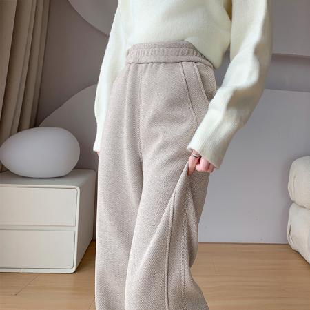 FA46390# 人字纹加绒阔腿裤秋冬新款毛呢开叉裤直筒羊毛窄版香蕉裤 服裝批發女裝批發服飾貨源