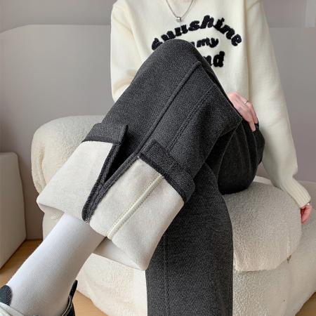 FA46390# 人字纹加绒阔腿裤秋冬新款毛呢开叉裤直筒羊毛窄版香蕉裤 服裝批發女裝批發服飾貨源