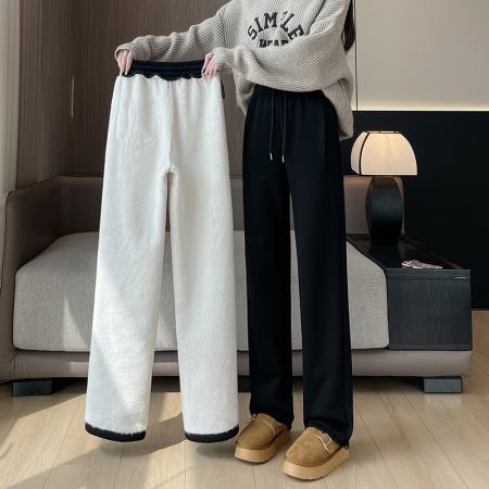 FA46396# 羊羔绒运动裤秋冬款宽松直筒休闲美式两穿阔腿灰色加绒卫裤 服裝批發女裝批發服飾貨源