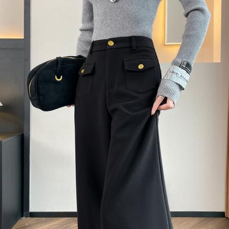 FA46397# 高腰毛呢阔腿裤女秋冬新款加厚直筒裤子小个子窄版西装裤 服裝批發女裝批發服飾貨源