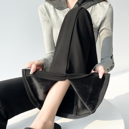 FA46403# 秋冬加绒开叉西装裤高腰直筒微喇裤阔腿裤加厚休闲裤女 服裝批發女裝批發服飾貨源