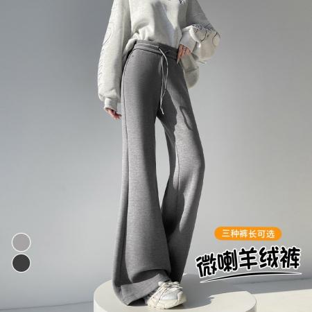 FA46406# 秋冬新款高腰休闲阔腿喇羊毛拖地裤女加绒裤子微喇羊绒裤 服裝批發女裝批發服飾貨源