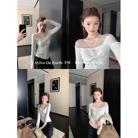 FA46409# 地球店纯欲风修身显瘦收腰长袖上衣女秋季网纱拼接设计感百搭T恤 服裝批發女裝批發服飾貨源