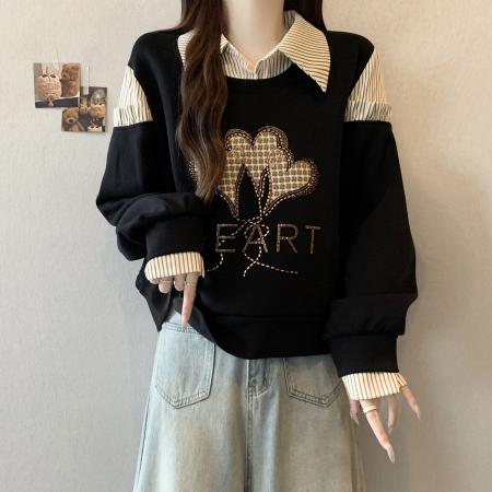 FA46411# 大码新款时尚设计感假两件拼接烫钻爱心显瘦气质百搭长袖卫衣 服裝批發女裝批發服飾貨源