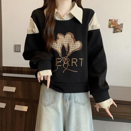 FA46411# 大码新款时尚设计感假两件拼接烫钻爱心显瘦气质百搭长袖卫衣 服裝批發女裝批發服飾貨源