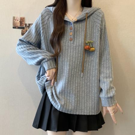 FA46412# 大码新款时尚设计款减龄秋冬宽松显瘦遮肉坑条感连帽卫衣 服裝批發女裝批發服飾貨源