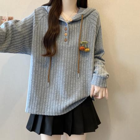 FA46412# 大码新款时尚设计款减龄秋冬宽松显瘦遮肉坑条感连帽卫衣 服裝批發女裝批發服飾貨源