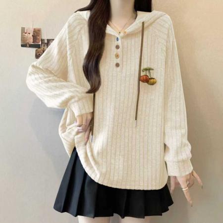 FA46412# 大码新款时尚设计款减龄秋冬宽松显瘦遮肉坑条感连帽卫衣 服裝批發女裝批發服飾貨源