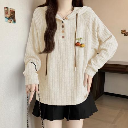 FA46412# 大码新款时尚设计款减龄秋冬宽松显瘦遮肉坑条感连帽卫衣 服裝批發女裝批發服飾貨源