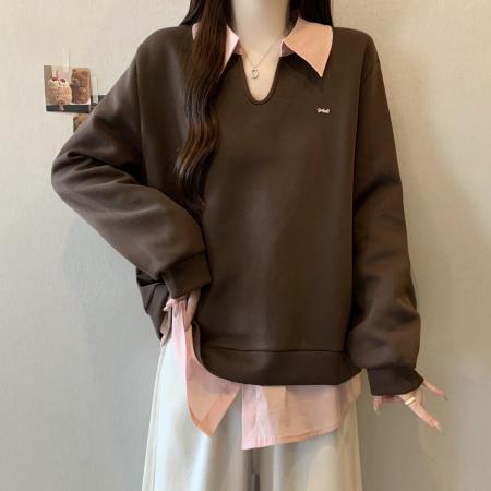 FA46413# 新款大码女装减龄百搭上衣胖mm秋冬装新款假两件撞色翻领卫衣 服裝批發女裝批發服飾貨源