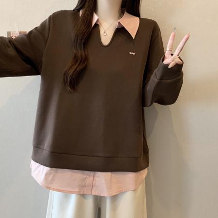 FA46413# 新款大码女装减龄百搭上衣胖mm秋冬装新款假两件撞色翻领卫衣 服裝批發女裝批發服飾貨源