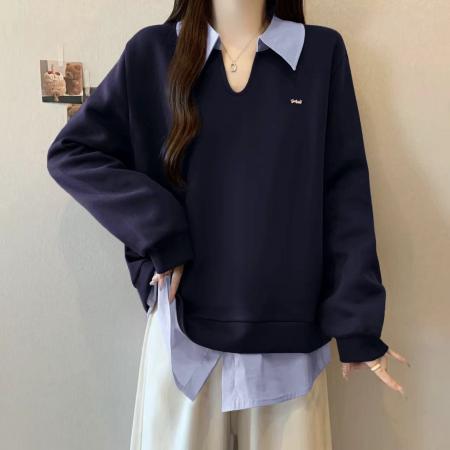 FA46413# 新款大码女装减龄百搭上衣胖mm秋冬装新款假两件撞色翻领卫衣 服裝批發女裝批發服飾貨源