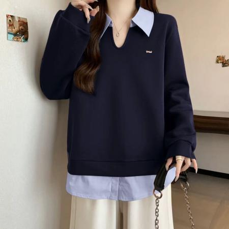 FA46413# 新款大码女装减龄百搭上衣胖mm秋冬装新款假两件撞色翻领卫衣 服裝批發女裝批發服飾貨源