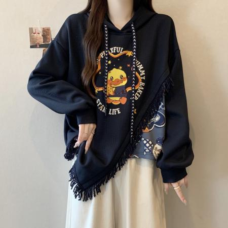 FA46415# 新款大码秋冬加绒加厚学院风复古流苏拼接印花连帽卫衣女 服裝批發女裝批發服飾貨源