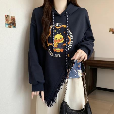 FA46415# 新款大码秋冬加绒加厚学院风复古流苏拼接印花连帽卫衣女 服裝批發女裝批發服飾貨源