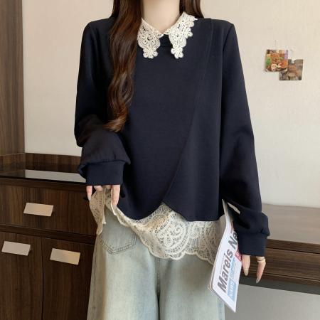 FA46416# 新款秋季大码胖MM娃娃领卫衣假两件大码独特蕾丝拼接卫衣 服裝批發女裝批發服飾貨源