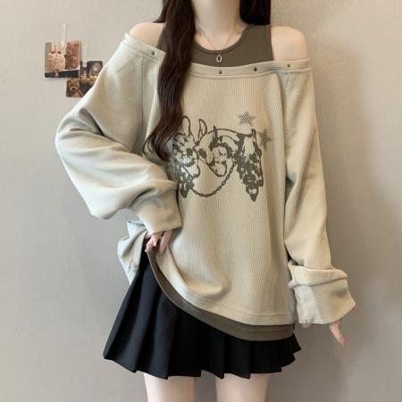 FA46417# 新款大码假两件印花长袖T恤女春秋款宽松一字肩秋装上衣 服裝批發女裝批發服飾貨源