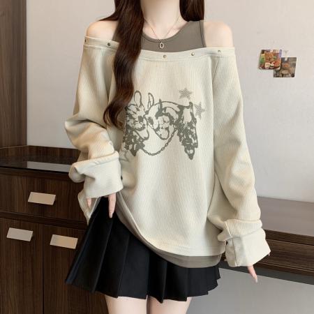 FA46417# 新款大码假两件印花长袖T恤女春秋款宽松一字肩秋装上衣 服裝批發女裝批發服飾貨源