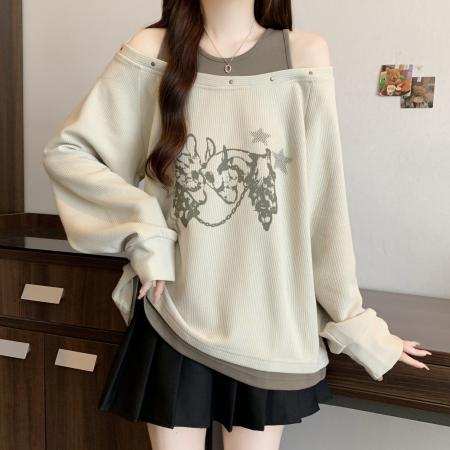 FA46417# 新款大码假两件印花长袖T恤女春秋款宽松一字肩秋装上衣 服裝批發女裝批發服飾貨源