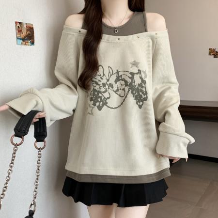 FA46417# 新款大码假两件印花长袖T恤女春秋款宽松一字肩秋装上衣 服裝批發女裝批發服飾貨源