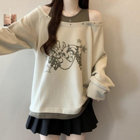 FA46417# 新款大码假两件印花长袖T恤女春秋款宽松一字肩秋装上衣 服裝批發女裝批發服飾貨源