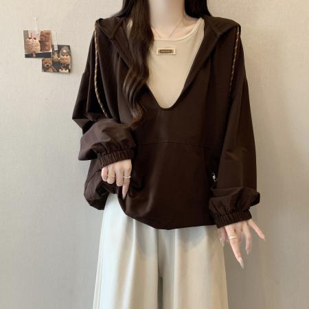 FA46418# 大码洋气女复古v领假两件连帽卫衣秋季新款百搭休闲气质显瘦外套 服裝批發女裝批發服飾貨源