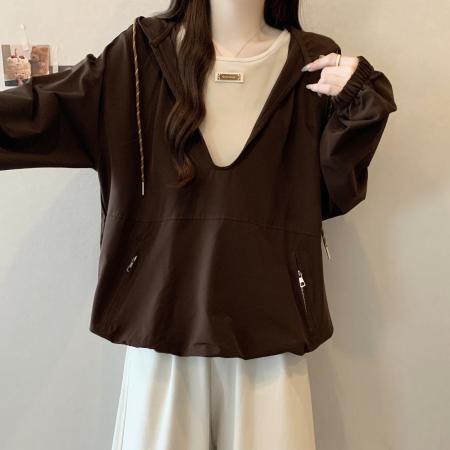 FA46418# 大码洋气女复古v领假两件连帽卫衣秋季新款百搭休闲气质显瘦外套 服裝批發女裝批發服飾貨源