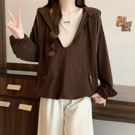 FA46418# 大码洋气女复古v领假两件连帽卫衣秋季新款百搭休闲气质显瘦外套 服裝批發女裝批發服飾貨源