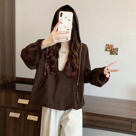 FA46418# 大码洋气女复古v领假两件连帽卫衣秋季新款百搭休闲气质显瘦外套 服裝批發女裝批發服飾貨源