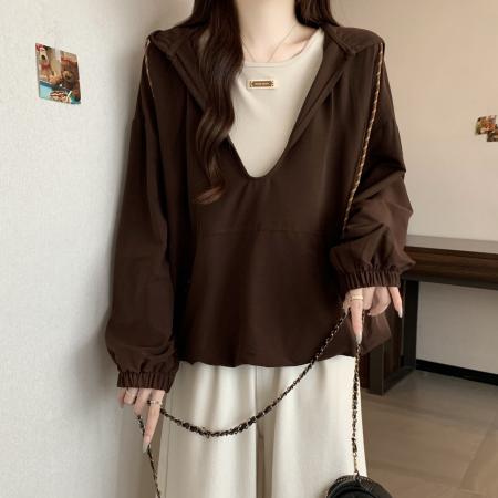 FA46418# 大码洋气女复古v领假两件连帽卫衣秋季新款百搭休闲气质显瘦外套 服裝批發女裝批發服飾貨源