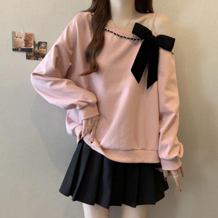 FA46419# 大码斜肩粉色卫衣女秋新款宽松韩系休闲短款圆领套头上衣 服裝批發女裝批發服飾貨源