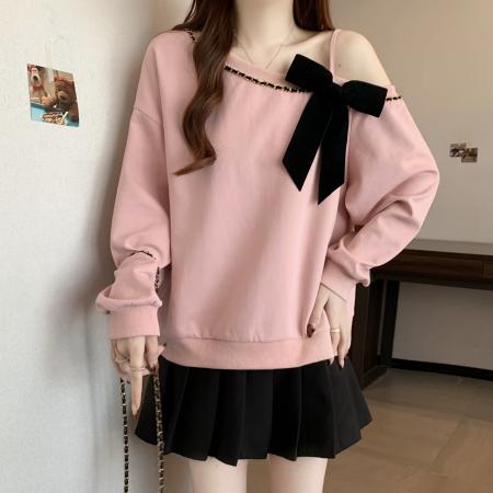 FA46419# 大码斜肩粉色卫衣女秋新款宽松韩系休闲短款圆领套头上衣 服裝批發女裝批發服飾貨源