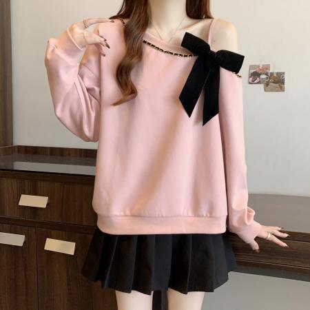 FA46419# 大码斜肩粉色卫衣女秋新款宽松韩系休闲短款圆领套头上衣 服裝批發女裝批發服飾貨源