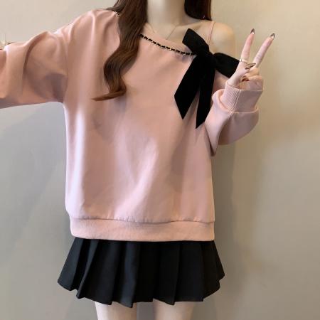 FA46419# 大码斜肩粉色卫衣女秋新款宽松韩系休闲短款圆领套头上衣 服裝批發女裝批發服飾貨源