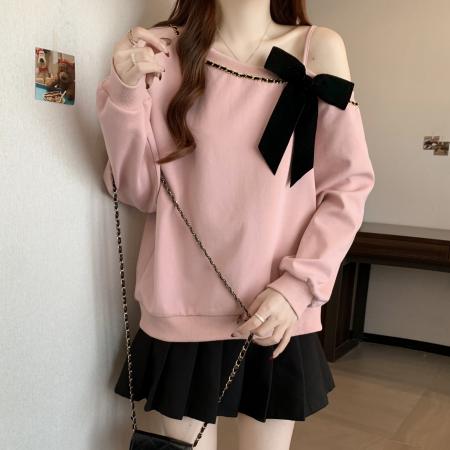 FA46419# 大码斜肩粉色卫衣女秋新款宽松韩系休闲短款圆领套头上衣 服裝批發女裝批發服飾貨源