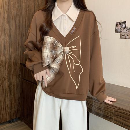 FA46420# 大码蝴蝶结设计感假两件式卫衣秋季慵懒宽松减龄chic外套 服裝批發女裝批發服飾貨源