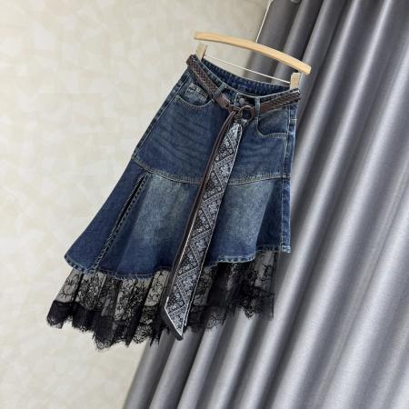 FA46422# 美式设计感不规则蕾丝拼接牛仔半身裙女春秋新款高腰显瘦A字裙子 服裝批發女裝批發服飾貨源