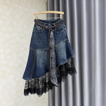 FA46422# 美式设计感不规则蕾丝拼接牛仔半身裙女春秋新款高腰显瘦A字裙子 服裝批發女裝批發服飾貨源