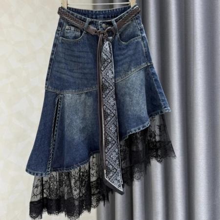 FA46422# 美式设计感不规则蕾丝拼接牛仔半身裙女春秋新款高腰显瘦A字裙子 服裝批發女裝批發服飾貨源