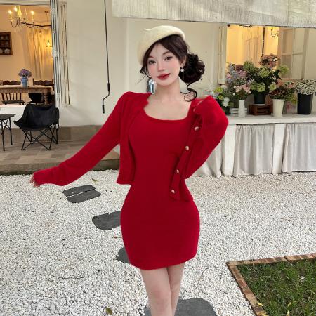 FA46423# 秋冬新气质高级感套装小香风针织开衫上衣包臀连衣裙女两件套 服裝批發女裝批發服飾貨源