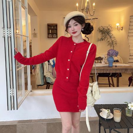 FA46423# 秋冬新气质高级感套装小香风针织开衫上衣包臀连衣裙女两件套 服裝批發女裝批發服飾貨源