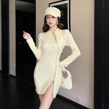 FA46424# 美式辣妹不规则双拉链针织连衣裙女秋冬新修身显瘦包臀打底裙 服裝批發女裝批發服飾貨源