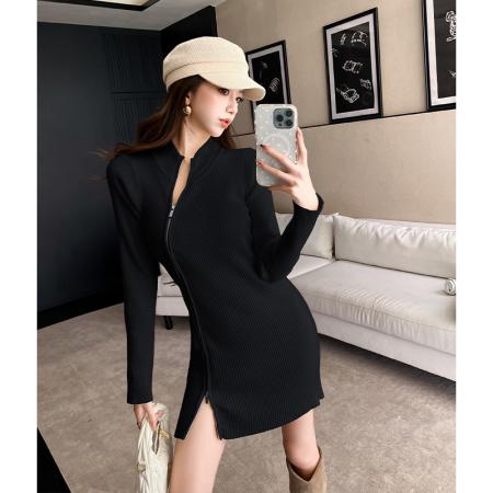 FA46424# 美式辣妹不规则双拉链针织连衣裙女秋冬新修身显瘦包臀打底裙 服裝批發女裝批發服飾貨源