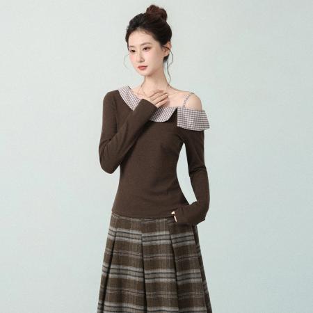 FA46425# 撞色新款设计感假两件格纹拼接长袖T恤女秋内搭打底上衣 服裝批發女裝批發服飾貨源