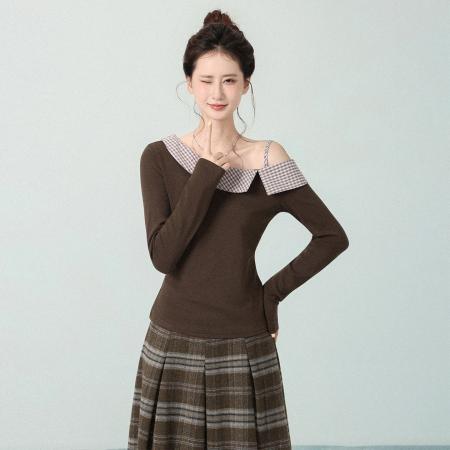 FA46425# 撞色新款设计感假两件格纹拼接长袖T恤女秋内搭打底上衣 服裝批發女裝批發服飾貨源