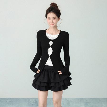 FA46426# 拼接假两件长袖针织衫女秋季新款修身内搭波点打底衫上衣 服裝批發女裝批發服飾貨源