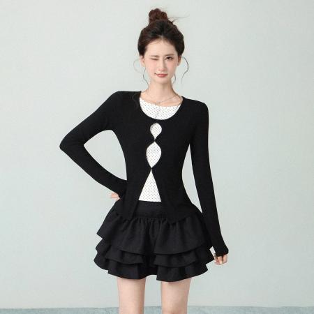 FA46426# 拼接假两件长袖针织衫女秋季新款修身内搭波点打底衫上衣 服裝批發女裝批發服飾貨源